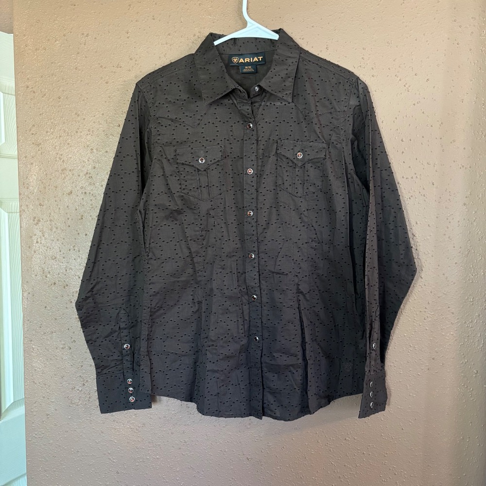 Ariat Womens Brown Swiss Dot Long Sleeve Western Snap Front Shirt Medium